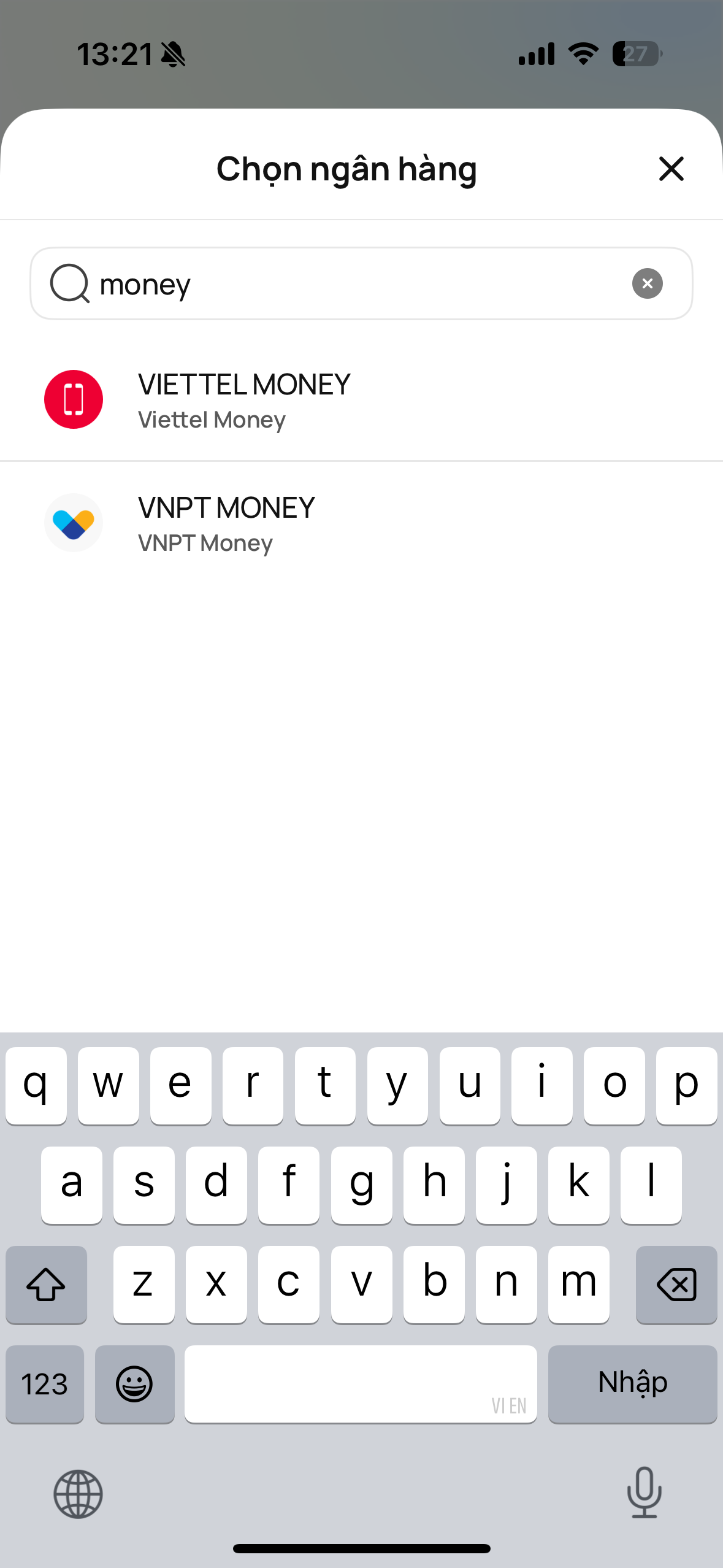 Giao diện chuyển tiền chọn ví điện tử qua số điện thoại