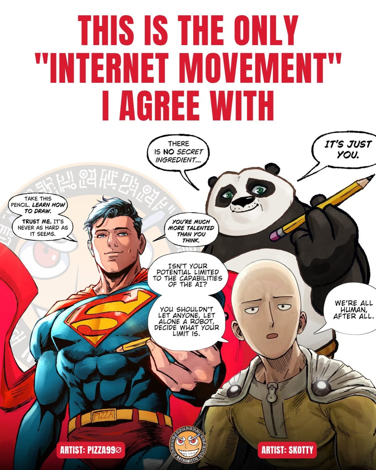 Superman mỉm cười đưa bút chì cho người xem