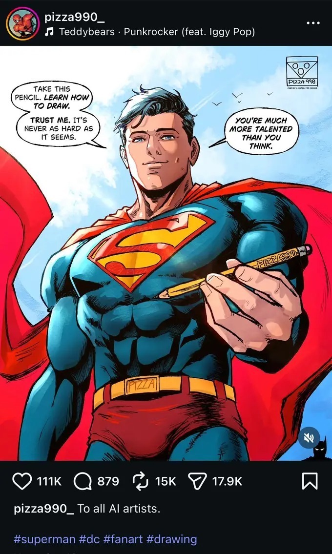 Superman mỉm cười đưa bút chì với lời nhắn nhủ